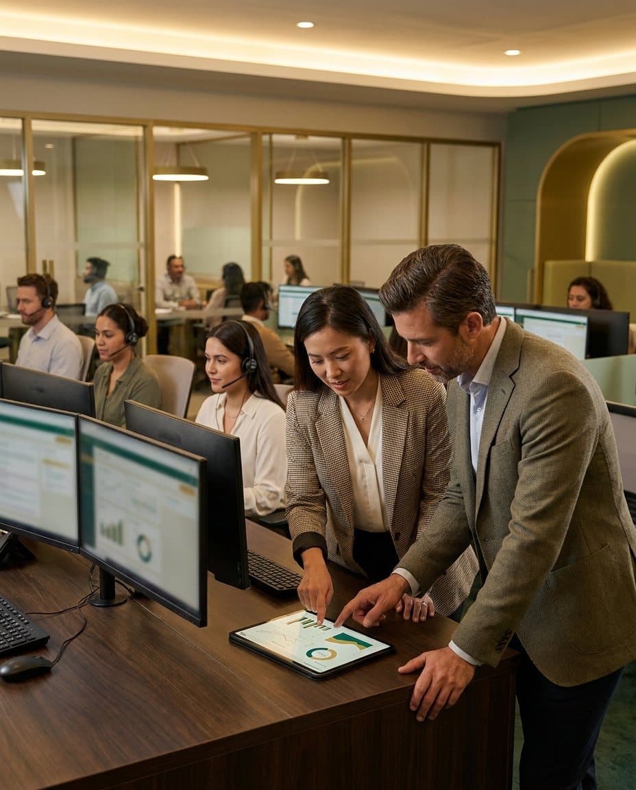 Healthcare patient access supervisor reviewing call center performance with an operations consultant