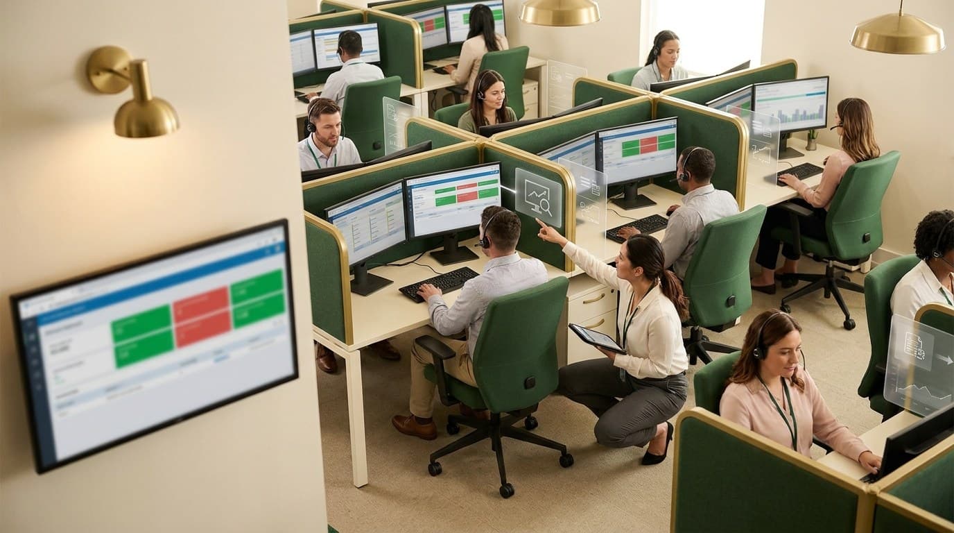 Healthcare intake operations center with AI routing and scheduling overlays