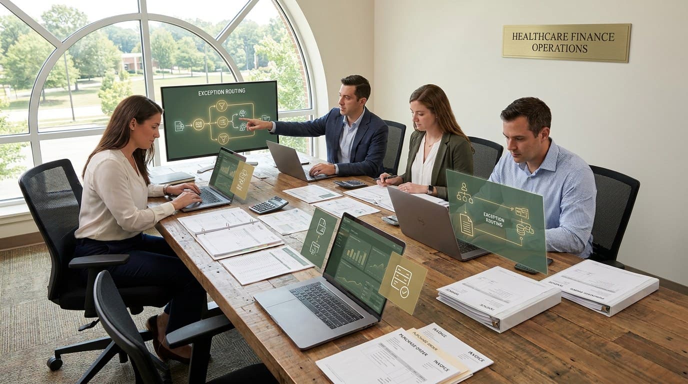 Healthcare procurement workstation with medical supply and AI workflow overlays