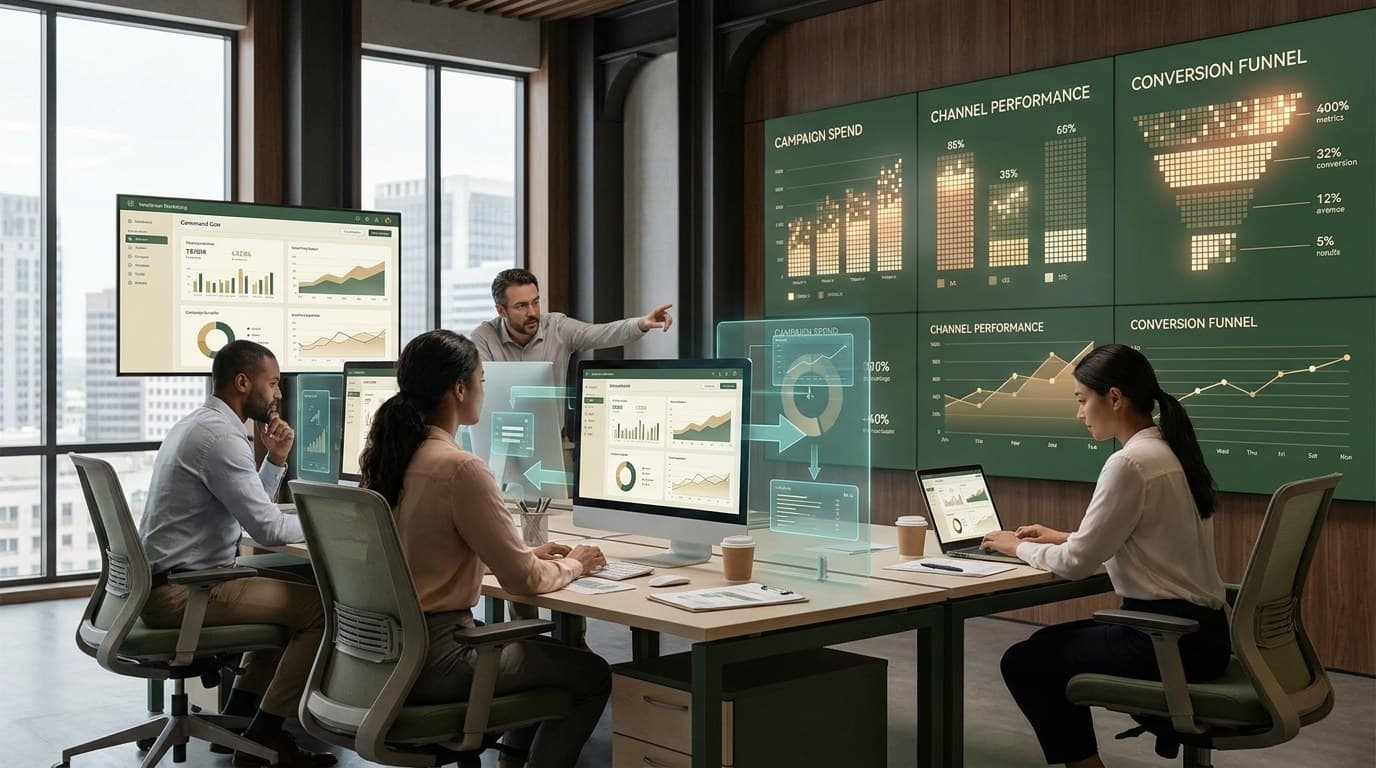 Healthcare marketing operations team reviewing paid media performance across channels