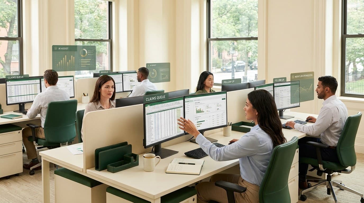 Revenue cycle operations monitors with AI workflow overlays for healthcare claims