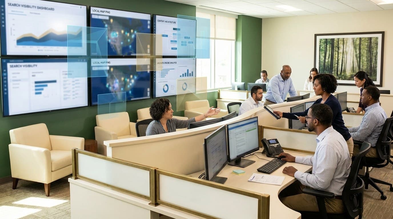 Healthcare search visibility strategist reviewing patient discovery gaps with an executive