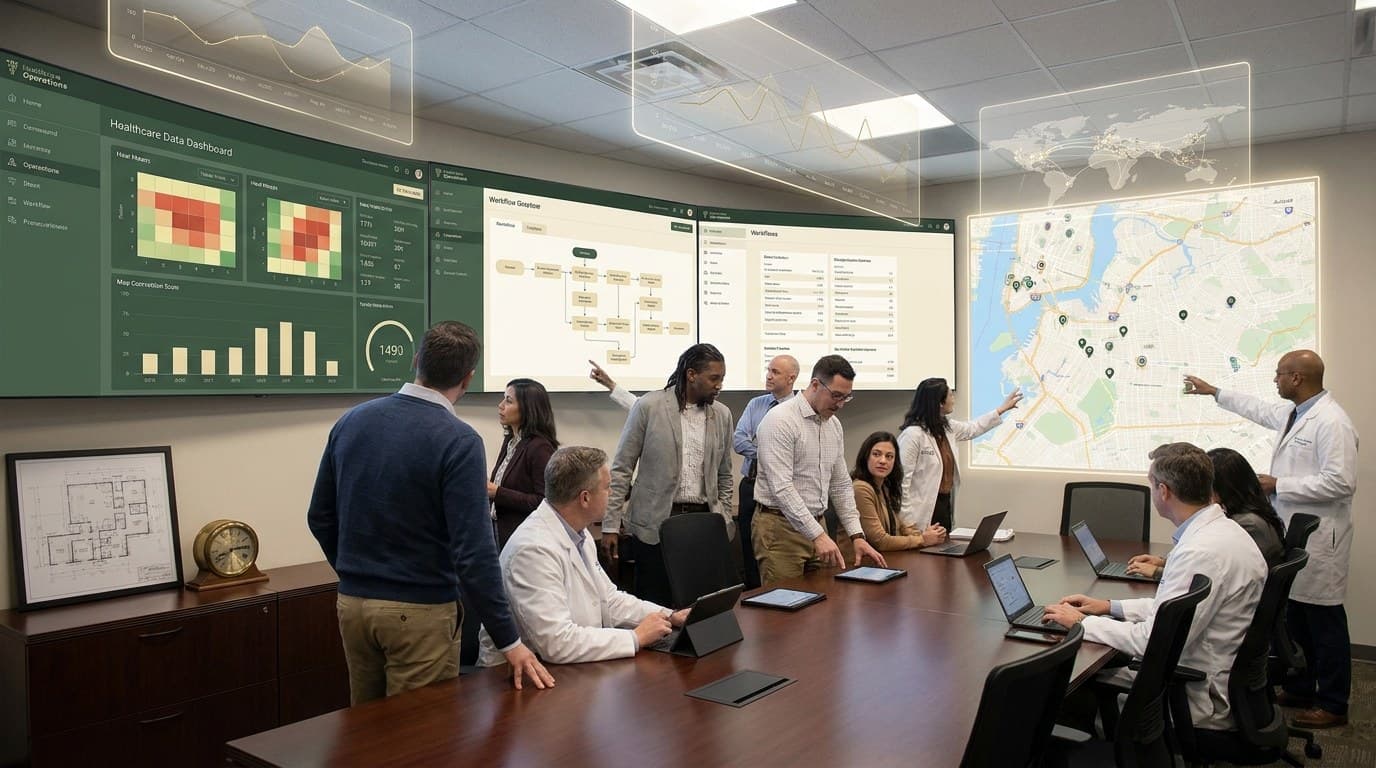 Healthcare search strategy team reviewing Google Maps, AI search, and patient discovery dashboards