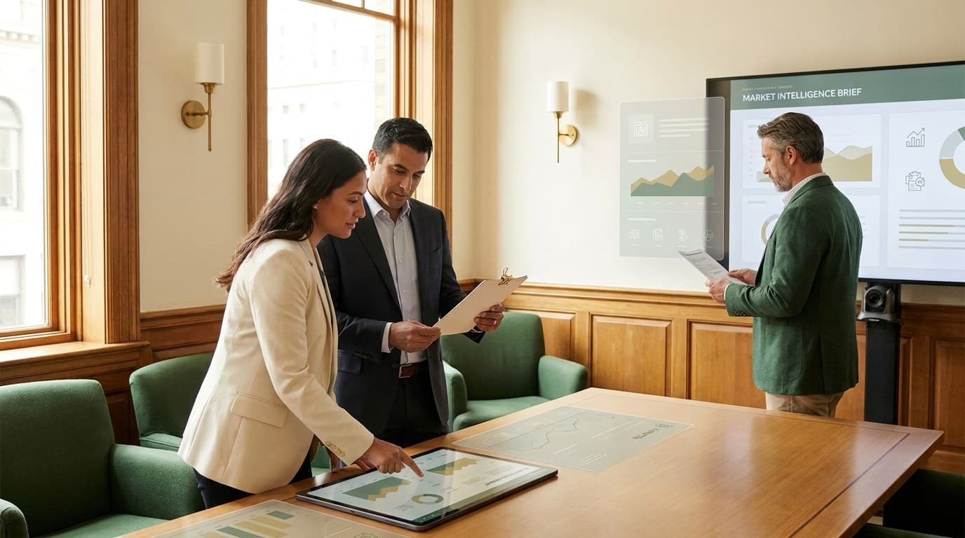 Healthcare executives reviewing growth strategy and AI workflow opportunities in a boardroom